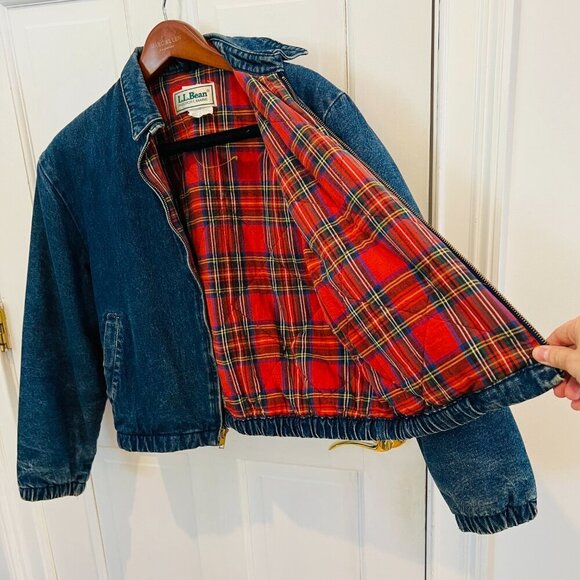 LL BEAN Insulated Flannel Lined Barn Chore Denim Harrington Jacket Coat VTG 80s - Picture 6 of 16